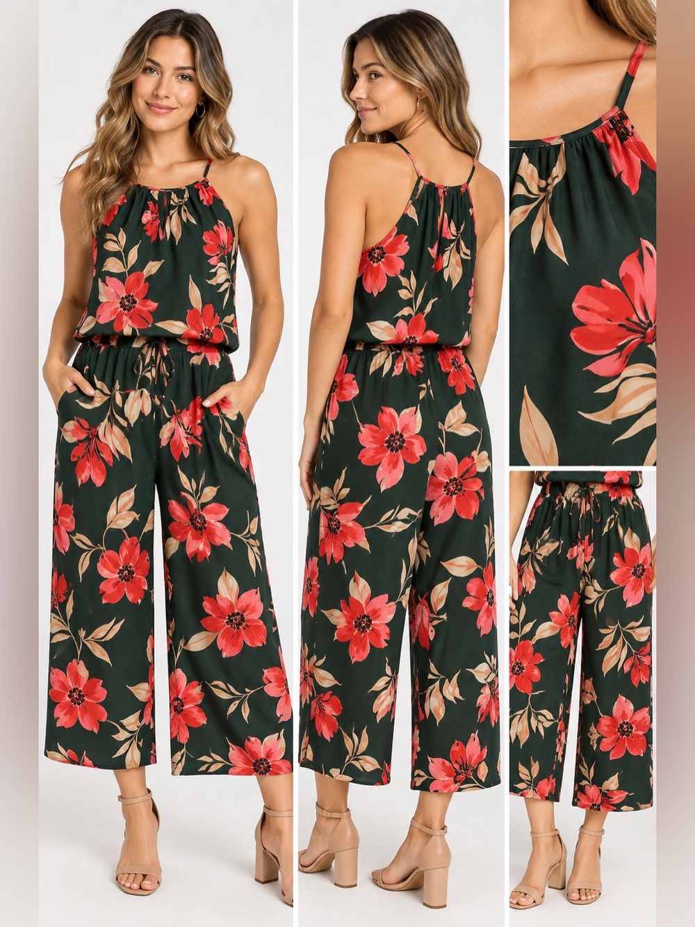 Haley London Green Floral Cropped Palazzo Jumpsuit Wide Leg Halt Size 12